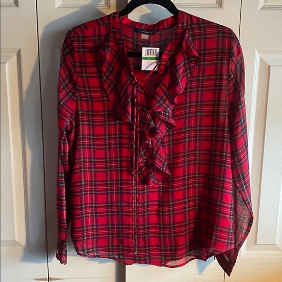 Tommy Hilfiger NWT Ruffled Lined Plaid Vneck Long Sleeve Button Cuff Blouse - Picture 3 of 10